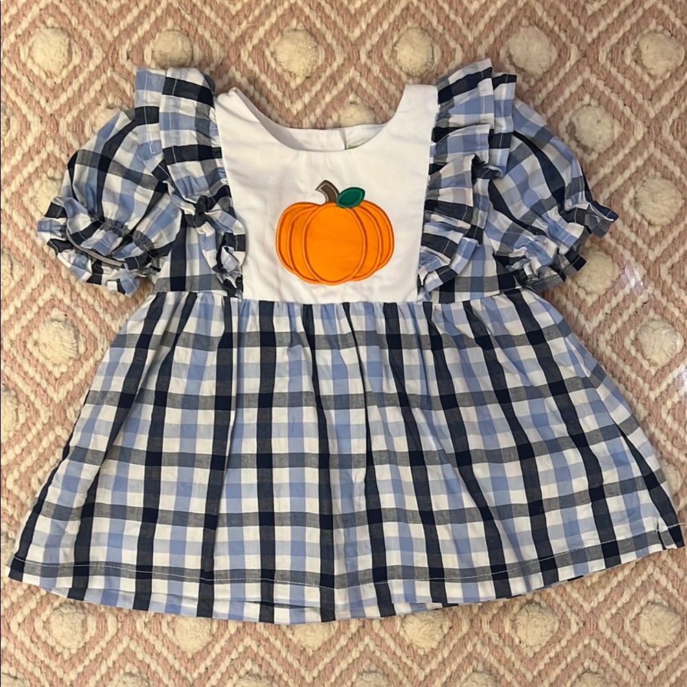 Blue and White Gingham Dress with Pumpkin Appliqué by Classic Whimsy
